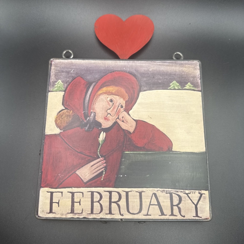Vtg 80s Nancy Thomas Folk Art Plaque Sign Month February Valentines Day Hanging